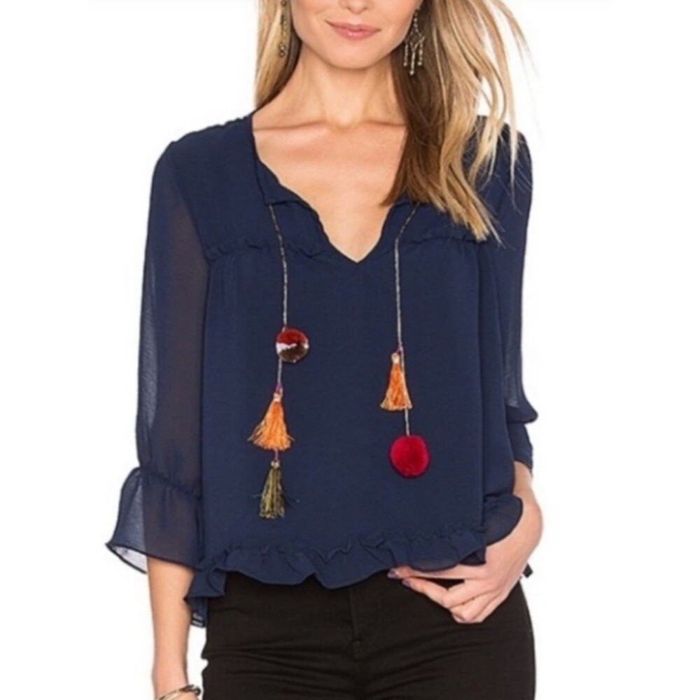 MISA Los Angeles Navy Ruffle Pom-Pom Tassel Boho Blouse | Size XS